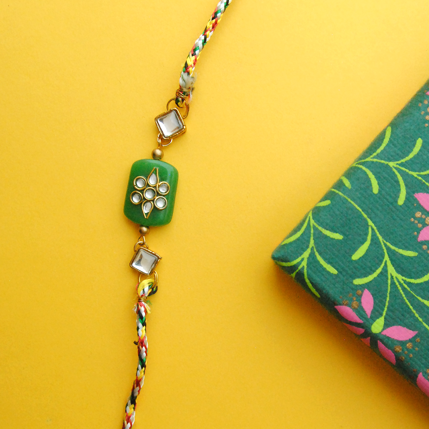 Green Kundan Knot Rakhi And Bhabhi Lumba Combo