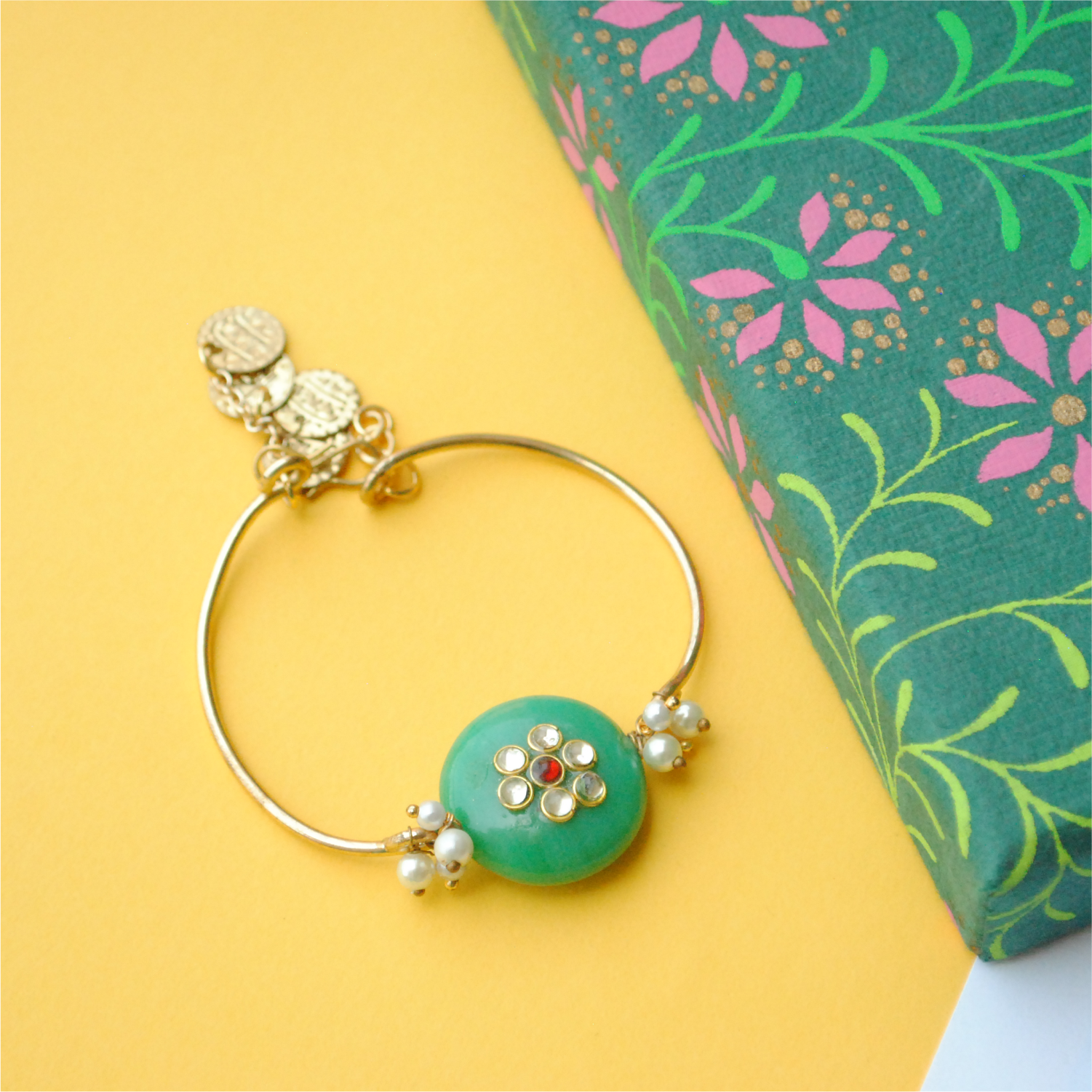 Green Kundan Knot Rakhi And Bhabhi Lumba Combo