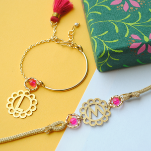 Floral Initial With Pink Tassel Rakhi And Bhabhi Lumba Combo