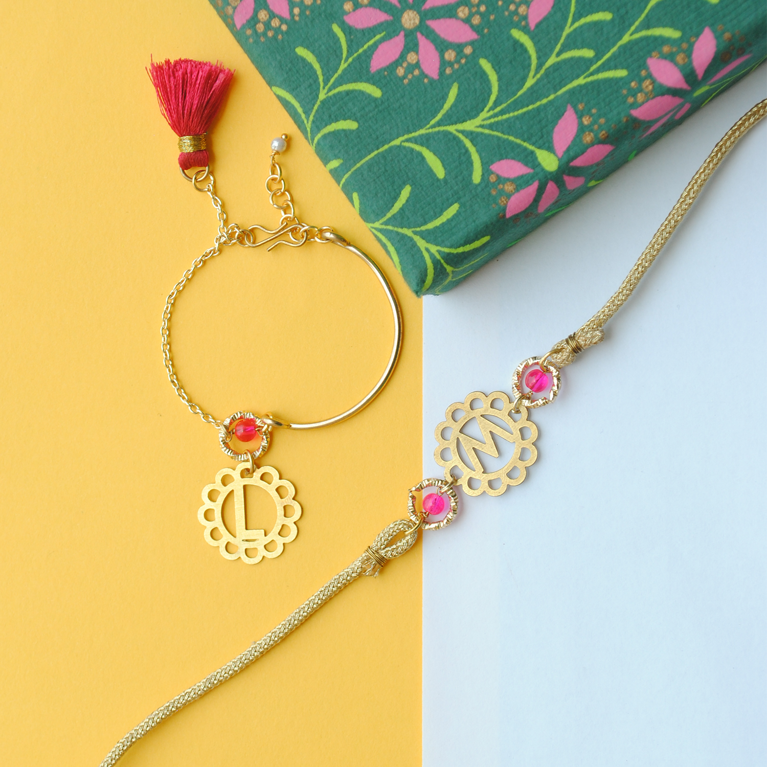 Floral Initial With Pink Tassel Rakhi And Bhabhi Lumba Combo