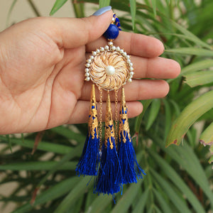 BeAbhika Golden Mesh Blue Beads Tassel Bhabhi Lumba Designer Bhabhi Rakhi Available In India Best Price Online COD Express Shipping Send Rakhi Abroad To Brother