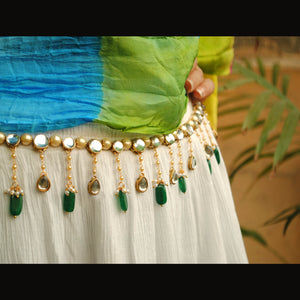 Kundan & Pearl Green Beads Kamar Bandh - BeAbhika.com