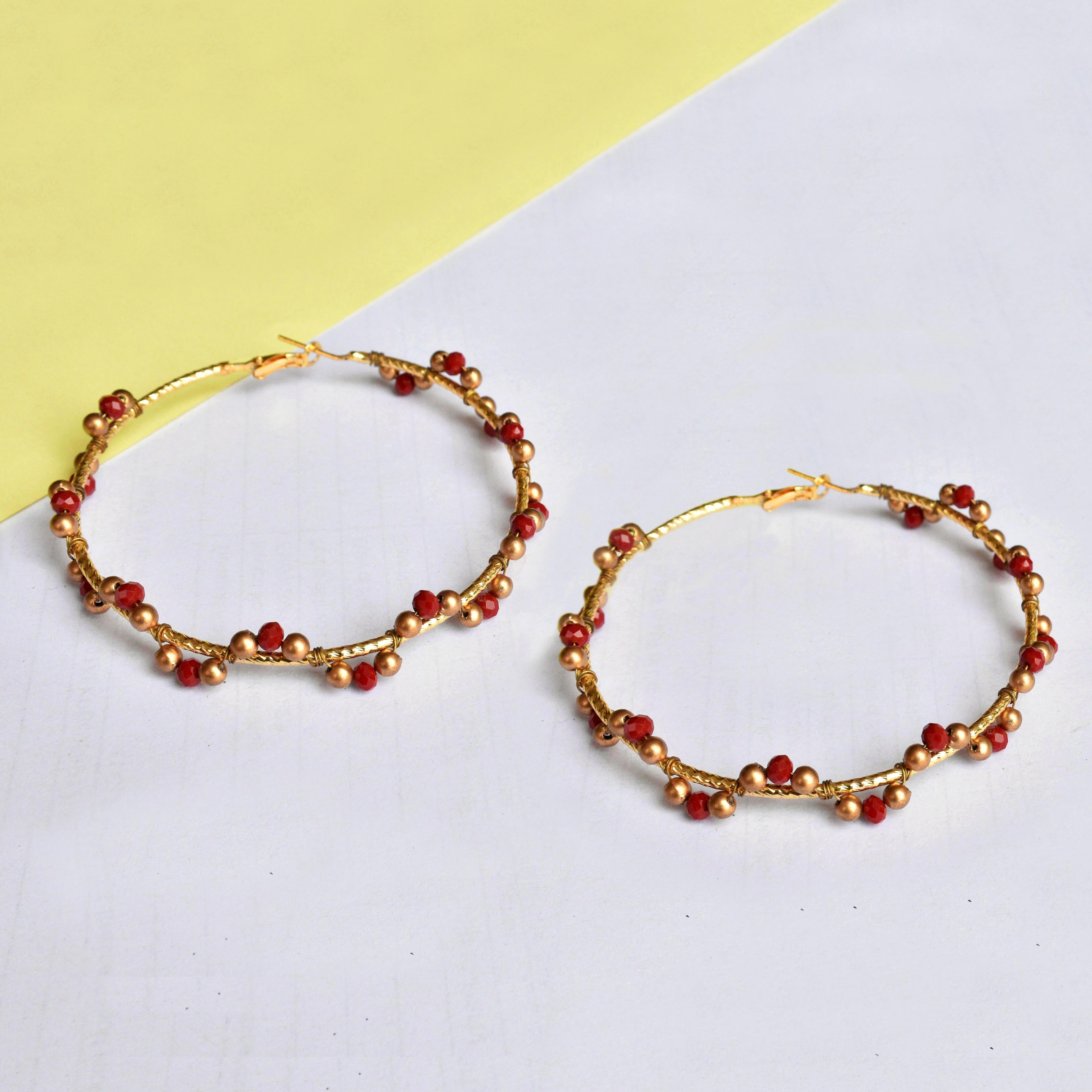 red/ golden glass beads arch hoops earrings