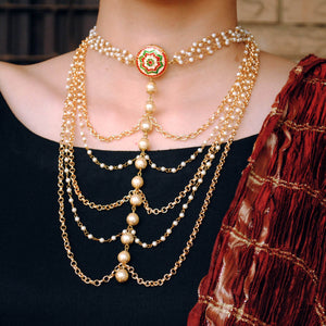 Kundan choker set in gold-tone with matching earrings and long bridal necklace, perfect for wedding functions , festive and bridal wear