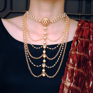 Kundan choker set in gold-tone with matching earrings and long bridal necklace, perfect for wedding functions , festive and bridal wear