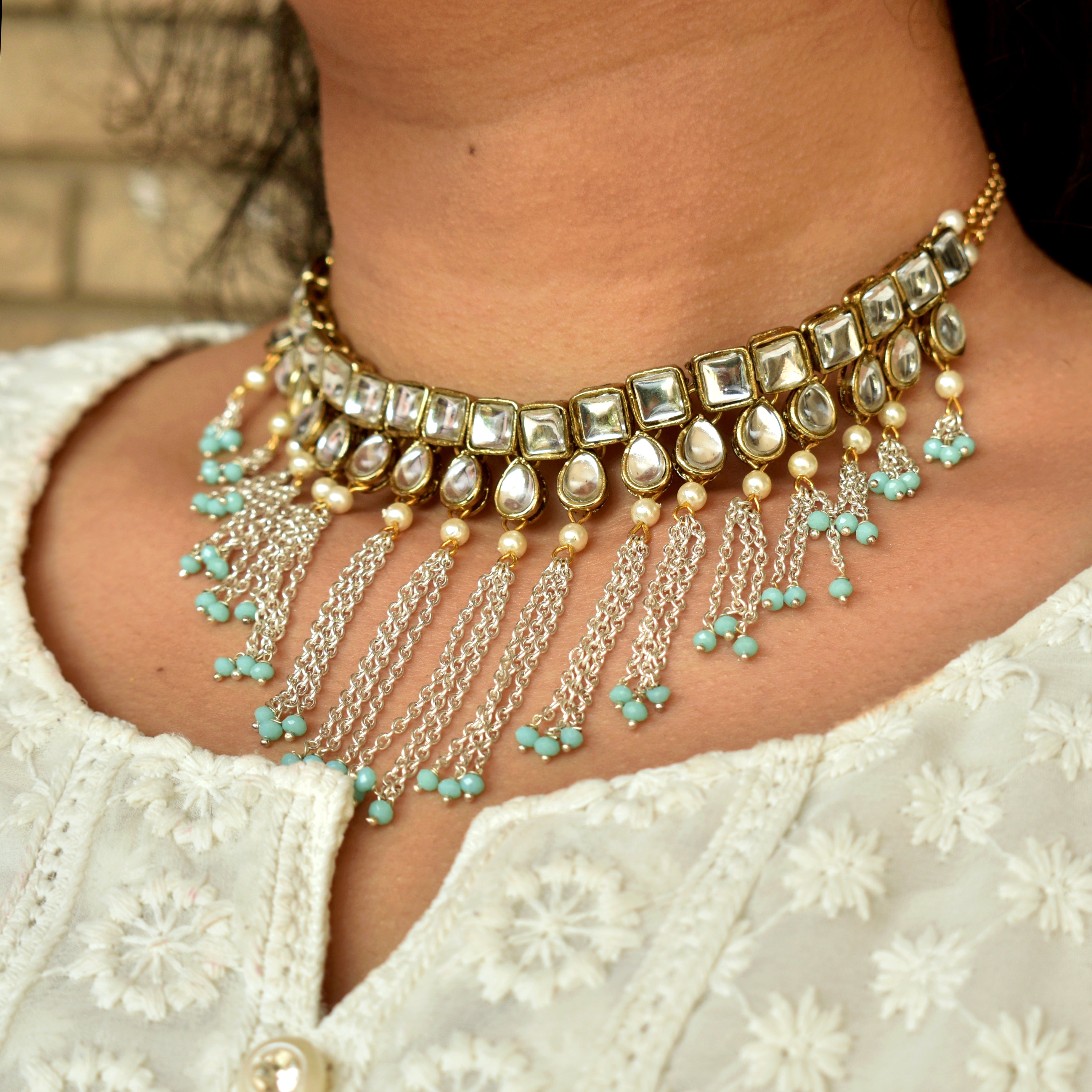 white glass kundan colorful pearls nacklace set