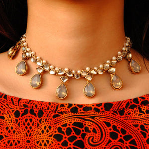 Kundan choker set in gold-tone with matching earrings and long bridal necklace, perfect for wedding functions , festive and bridal wear Gray Necklace