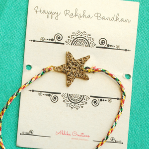 BeAbhika Antique Star Quirky Mesh Rakhi Gold Tone Lightweight Easy To Tie Rakhi Available At Best Price In India Online COD Available Send Rakhi To Brother Small Brother Big Brother Younger Brother Send Rakhi Abroad With Roli Chawal Capsules Designer Unqiue Famous 