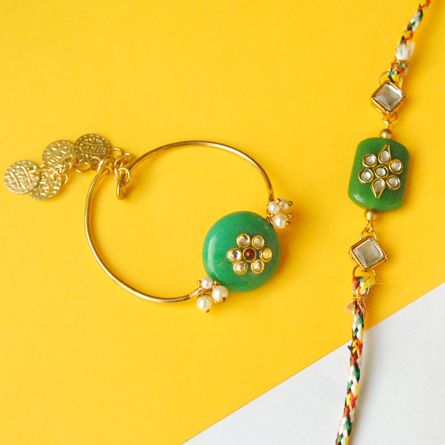 Green Kundan Knot Rakhi And Bhabhi Lumba Combo