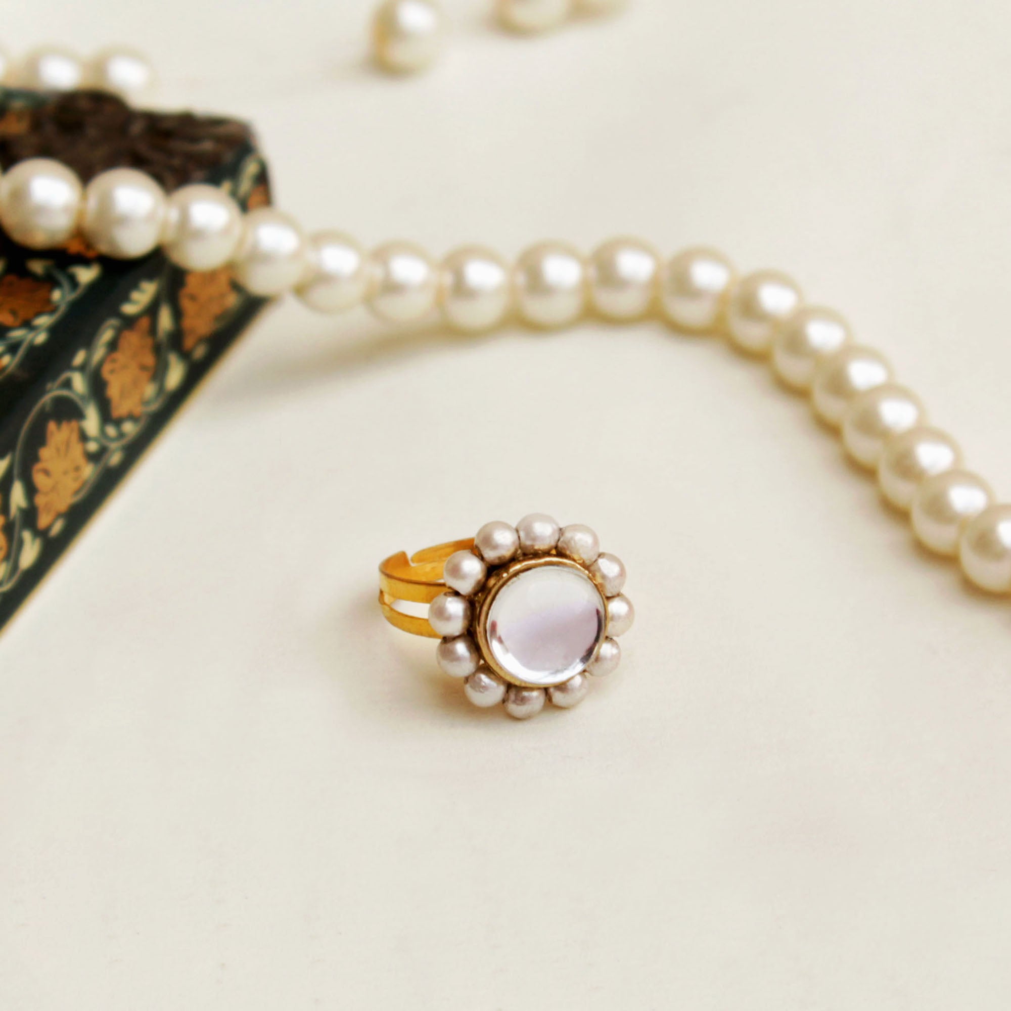 white glass kundan white pearls adjustable ring.