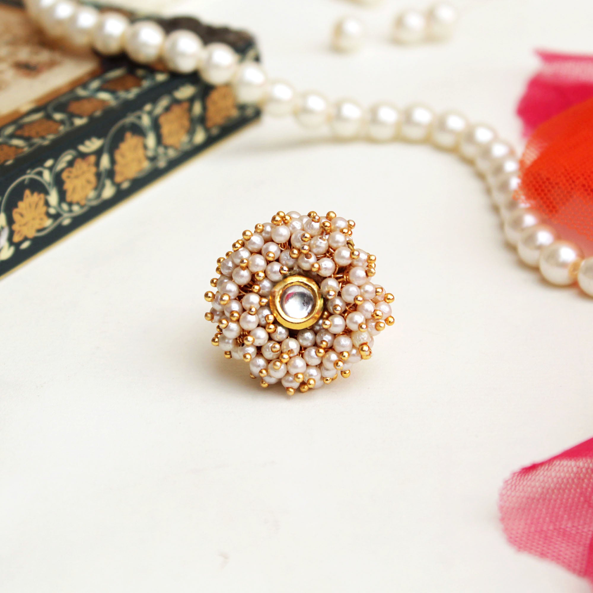 white glass kundan white pearls adjustable ring 