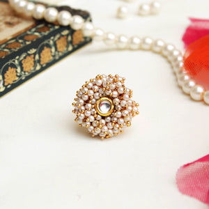 white glass kundan white pearls adjustable ring 