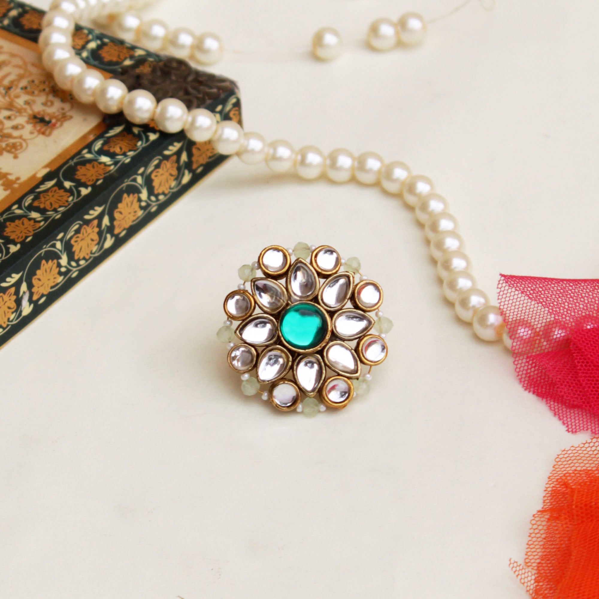 green glass kundan fuax pearl adjustable ring