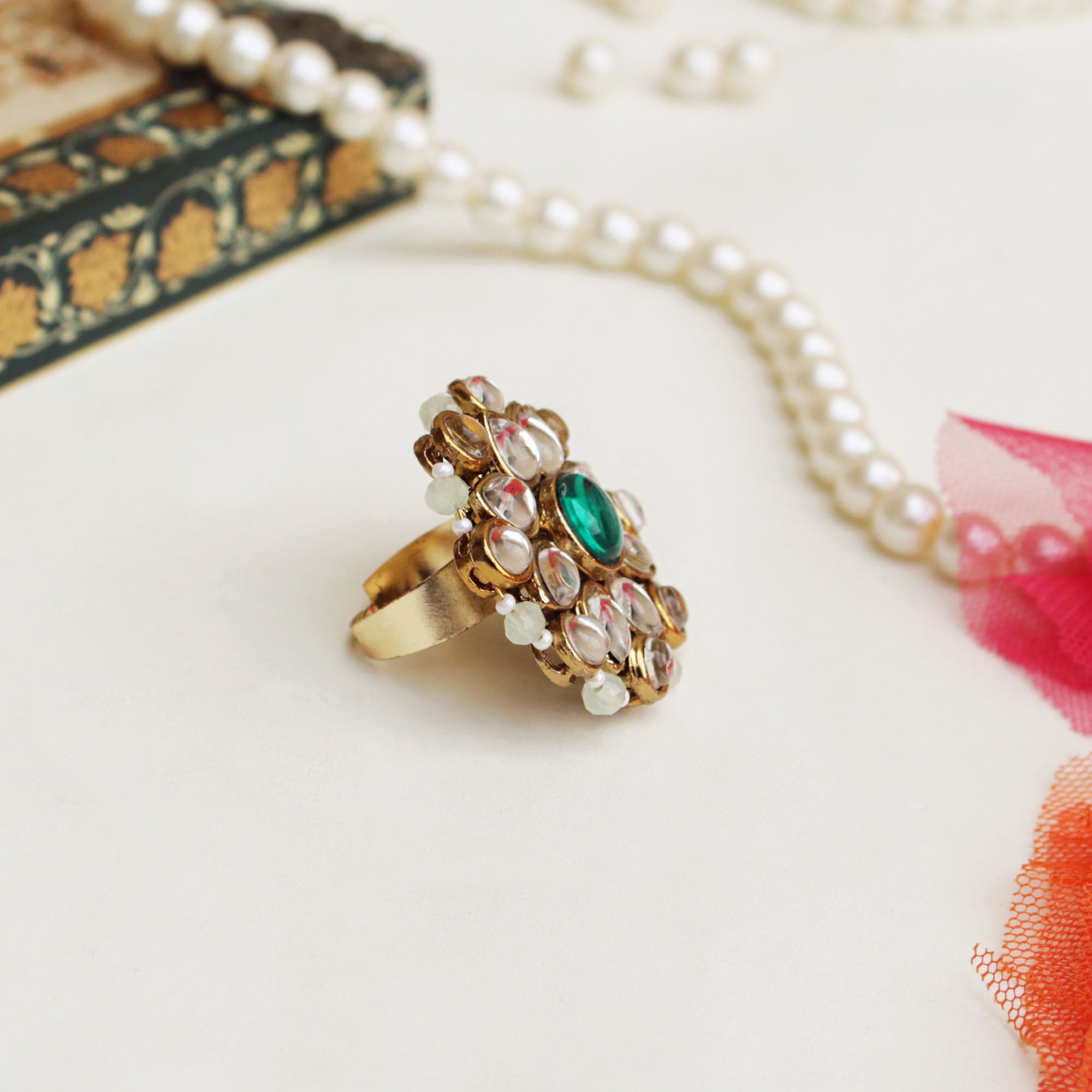 green glass kundan fuax pearl adjustable ring