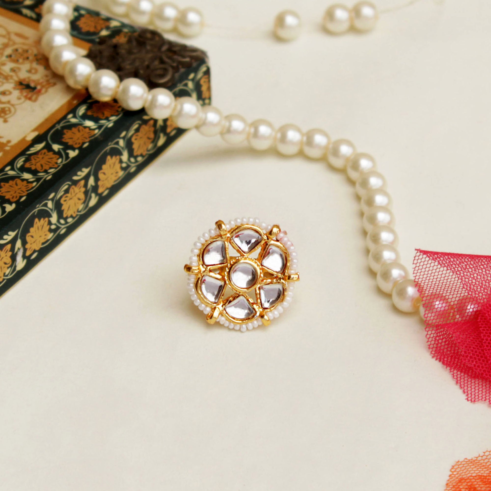 glass kundan stud faux pearls adjustable ring