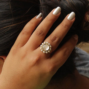 white glass kundan white pearls adjustable ring.