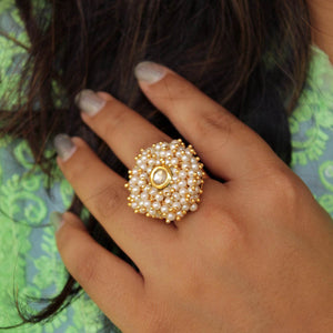 white glass kundan white pearls adjustable ring 