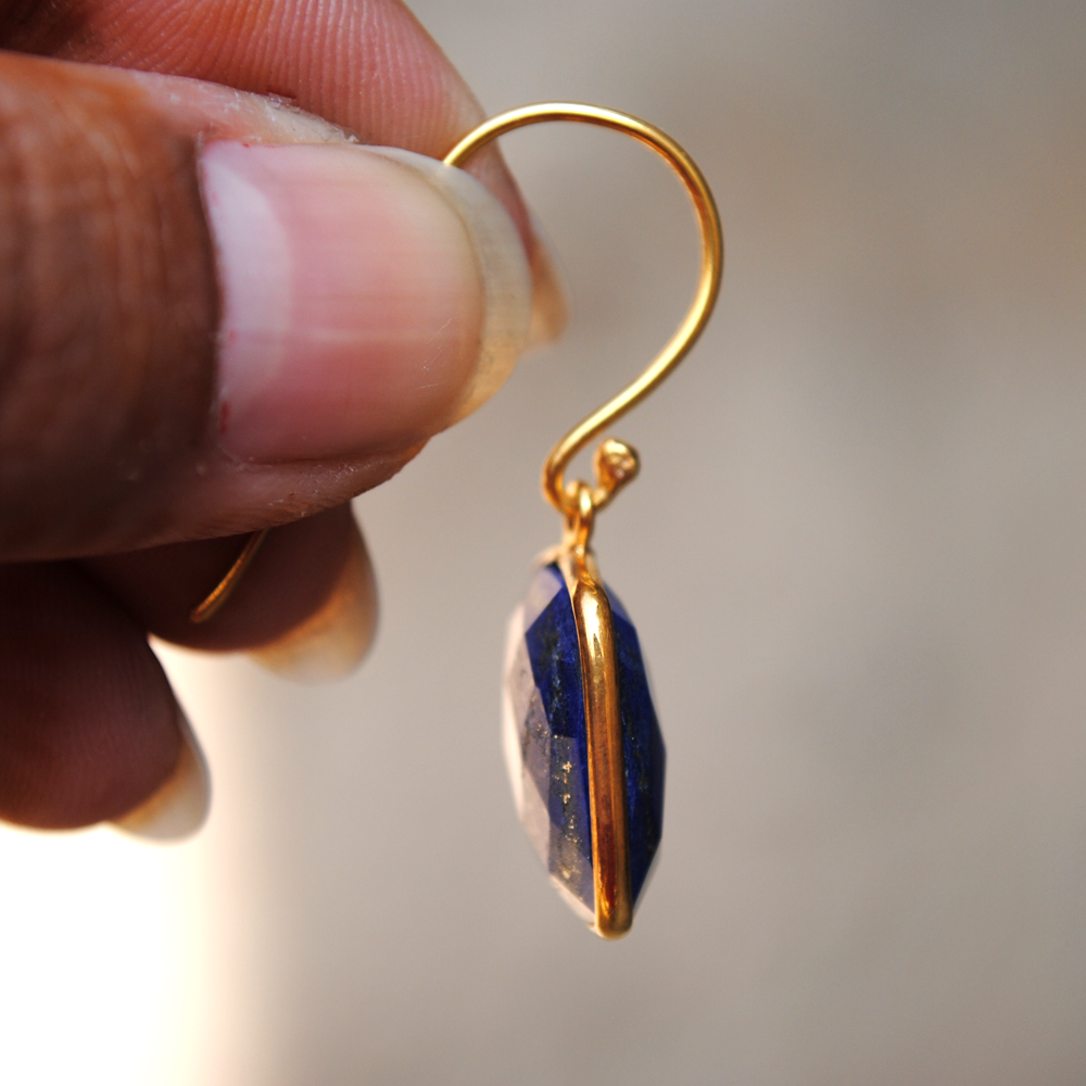 Cushion Shape Lapiz Lazuli 18K Gold Plated Silver Earrings (SME003)