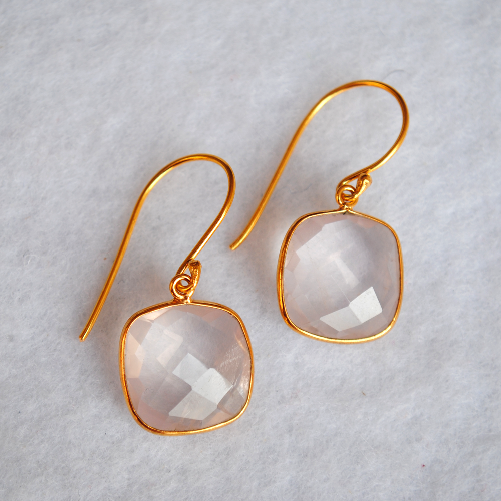 Cushion Shape Rose Quartz 18K Gold Plated Silver Earrings (SME005)