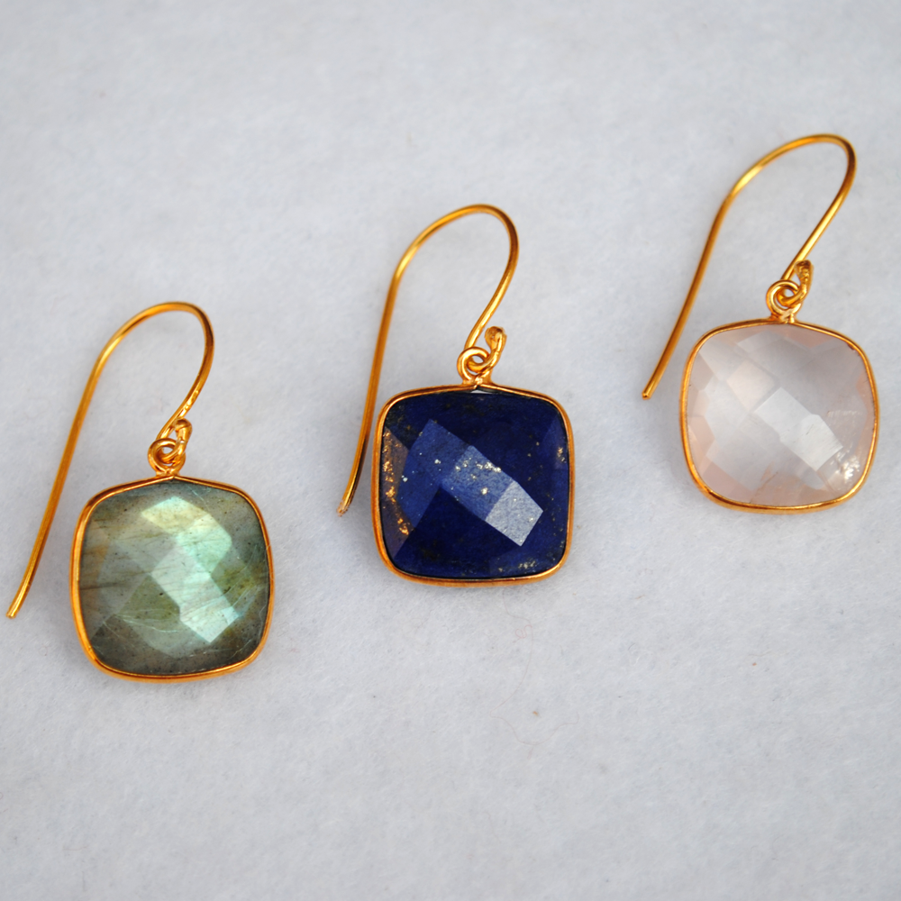Cushion Shape Labradorite 18K Gold Plated Silver Earrings (SME004)