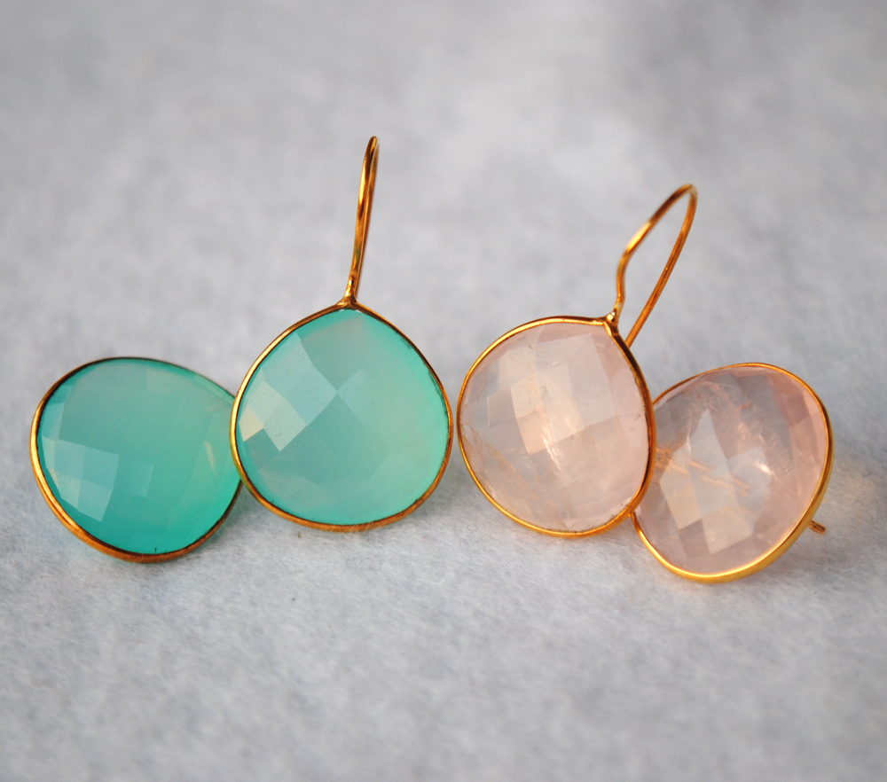 Drop Shape Rose Quartz 18K Gold Plated Silver Earrings
