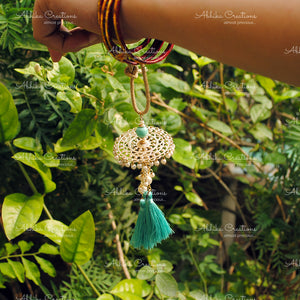 Golden Disc with Turquoise Tassel Lumba And Bhai Rakhi Combo